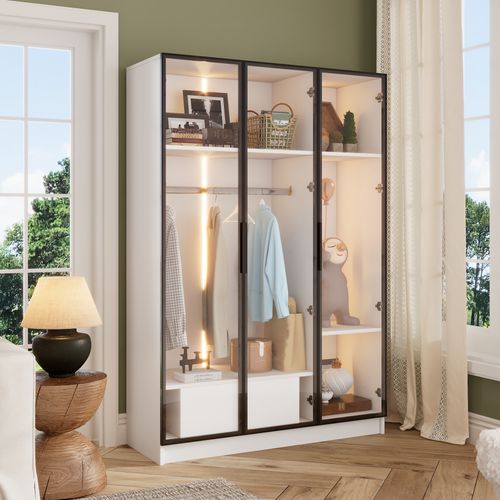 Armoire Moderne 100x50x160cm, 3 Portes Vitrées, 1 Tiroir, 1 Tringle à Vêtements, LED, Blanc