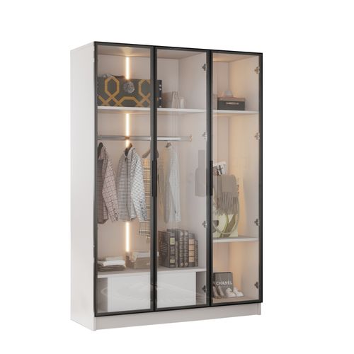 Armoire Moderne 100x50x160cm, 3 Portes Vitrées, 1 Tiroir, 1 Tringle à Vêtements, LED, Blanc
