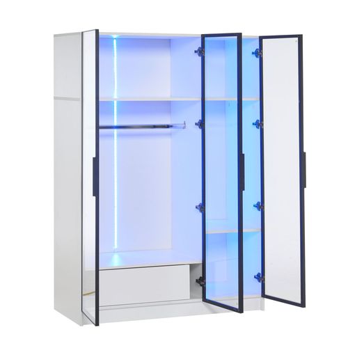 Armoire Moderne 100x50x160cm, 3 Portes Vitrées, 1 Tiroir, 1 Tringle à Vêtements, LED, Blanc
