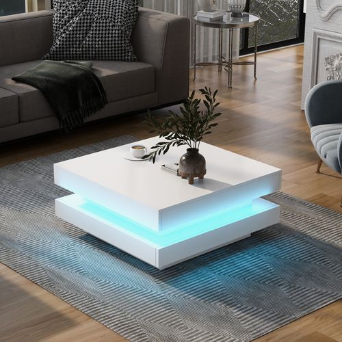 Table Basse 70x70x36 Cm Laquée Plateau Tournant 360° LED 16 Couleurs Panneaux De Particules Blanc