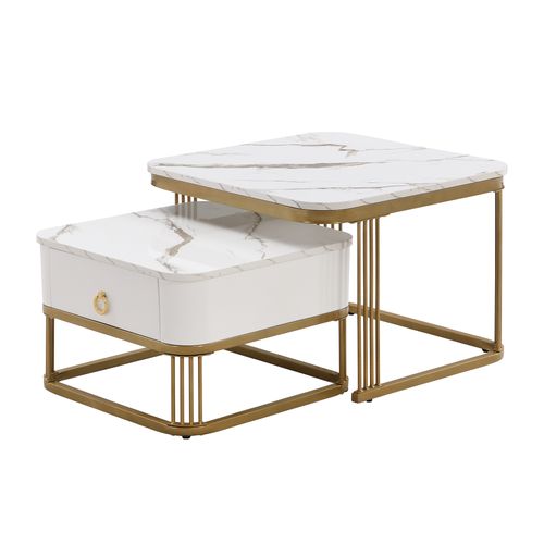 Lot De 2 Table Basse Gigogne Carré 60x60x45 / 50x50x34 Cm, 1 Tiroir, MDF, Blanc + Or