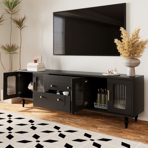 Meuble TV 175x38x55,5 Cm Avec 2 Tiroirs, 4 Portes, Adapté Pour Télévision De 70-79 Pouces, Noir