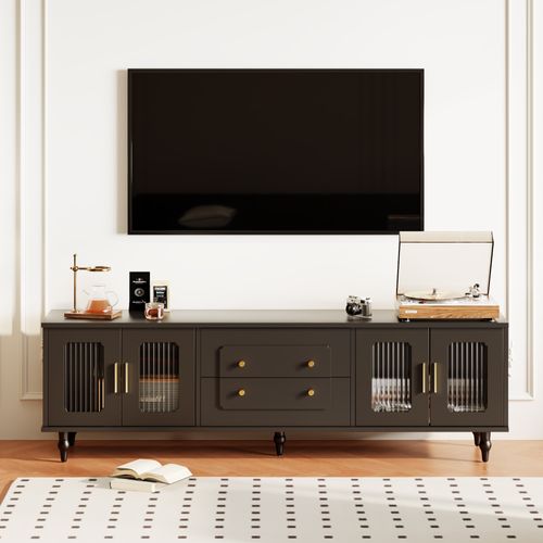 Meuble TV 175x38x55,5 Cm Avec 2 Tiroirs, 4 Portes, Adapté Pour Télévision De 70-79 Pouces, Noir