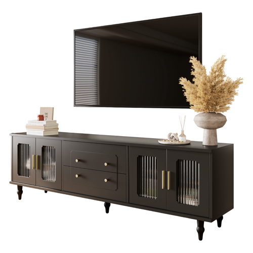 Meuble TV 175x38x55,5 Cm Avec 2 Tiroirs, 4 Portes, Adapté Pour Télévision De 70-79 Pouces, Noir