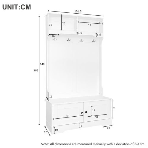 Vestiaire 101.5x47x183 Cm Avec 4 Crochets, 2 Compartiments Ouverts, Panneaux De Particules, Blanc