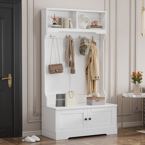 Vestiaire 101.5x47x183 Cm Avec 4 Crochets, 2 Compartiments Ouverts, Panneaux De Particules, Blanc