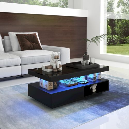 Table basse noire 95×50×42,5 cm, haut brillant avec 4 plaques en verre, 2 tiroirs et 2 niches