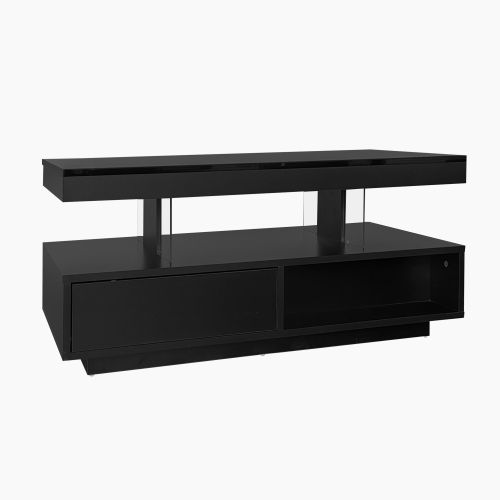 Table basse noire 95×50×42,5 cm, haut brillant avec 4 plaques en verre, 2 tiroirs et 2 niches