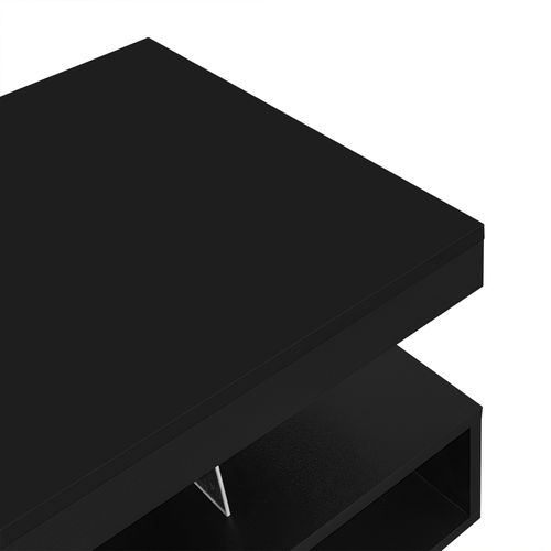 Table basse noire 95×50×42,5 cm, haut brillant avec 4 plaques en verre, 2 tiroirs et 2 niches