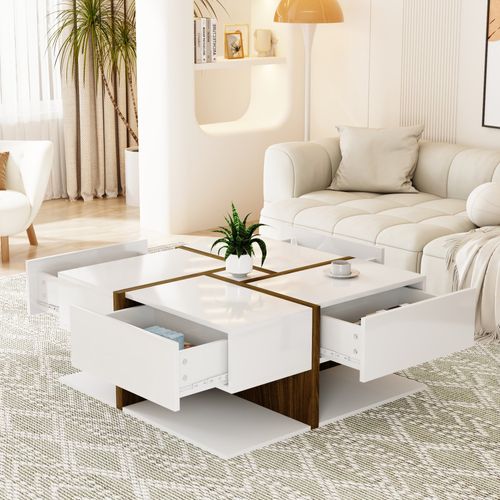 Table Basse 78x78x36 Cm, 4 Tiroirs, Espace De Rangement - Couleur Naturelle + Blanc