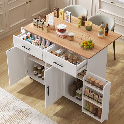 Îlot De Cuisine Mobile 120x46/71x91,5 Cm, 2 Tiroirs, 3 Portes, Plateau Rabattable, Mdf, Blanc