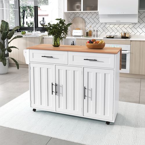 Îlot De Cuisine Mobile 120x46/71x91,5 Cm, 2 Tiroirs, 3 Portes, Plateau Rabattable, Mdf, Blanc