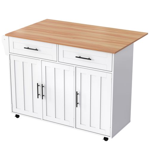 Îlot De Cuisine Mobile 120x46/71x91,5 Cm, 2 Tiroirs, 3 Portes, Plateau Rabattable, Mdf, Blanc