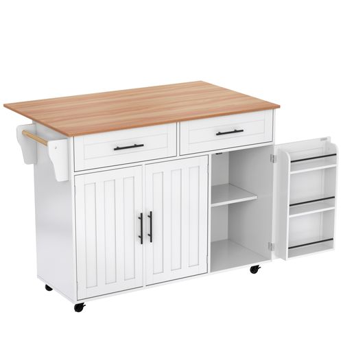 Îlot De Cuisine Mobile 120x46/71x91,5 Cm, 2 Tiroirs, 3 Portes, Plateau Rabattable, Mdf, Blanc