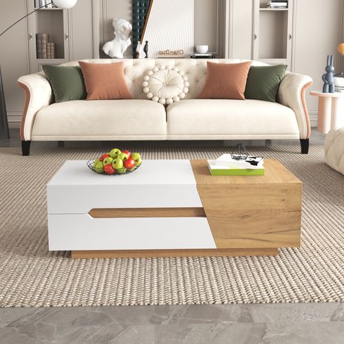 Table Basse Extensible 120x50x37,5 Cm, 2 Tiroirs, Mdf, Blanc Et Bois Naturel