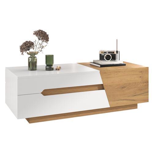 Table Basse Extensible 120x50x37,5 Cm, 2 Tiroirs, Mdf, Blanc Et Bois Naturel