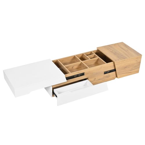 Table Basse Extensible 120x50x37,5 Cm, 2 Tiroirs, Mdf, Blanc Et Bois Naturel