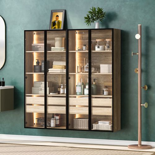 Lot De 2 Vitrines 74x36x155 Cm Avec LED, 2 Portes En Verre, 2 Tiroirs, Étagères, Mdf, Naturel