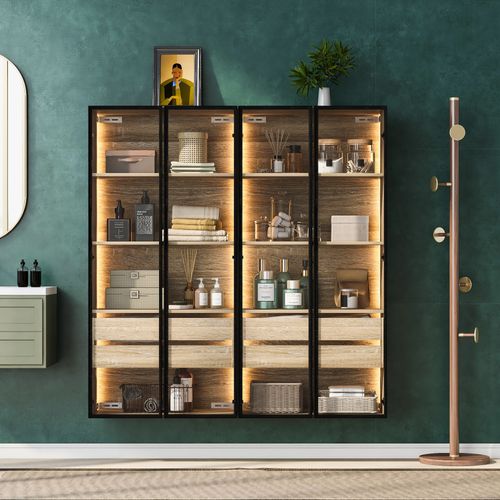 Lot De 2 Vitrines 74x36x155 Cm Avec LED, 2 Portes En Verre, 2 Tiroirs, Étagères, Mdf, Naturel