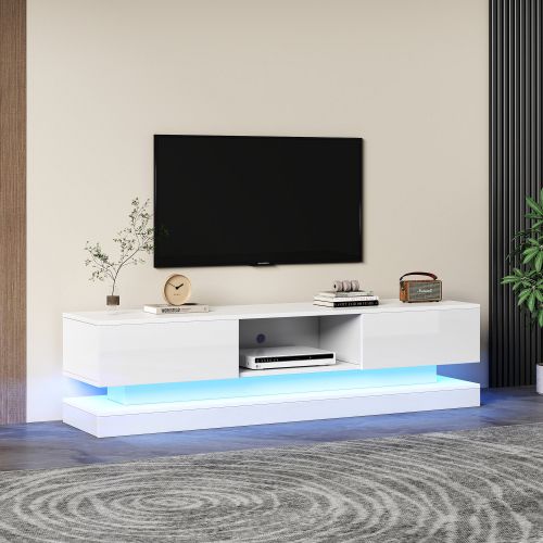 Meuble TV pour TV 60" Blanc Brillant 160x35x40.5 cm, LED et 2 Tiroirs, Panneaux de Particules