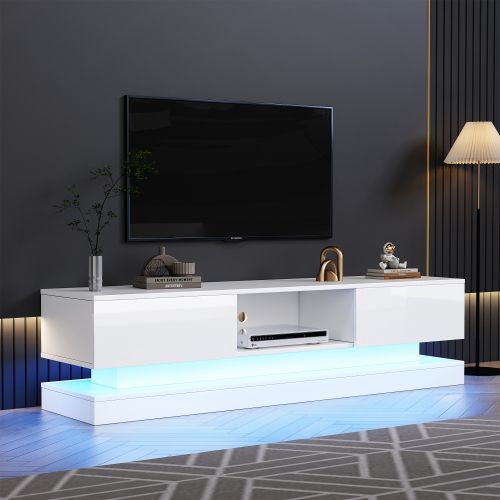 Meuble TV pour TV 60" Blanc Brillant 160x35x40.5 cm, LED et 2 Tiroirs, Panneaux de Particules