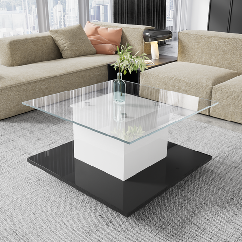 Table Basse Carrée LED 80x80x40cm, Avec Roulettes, Plateau En Verre Trempé, Noir Brillant