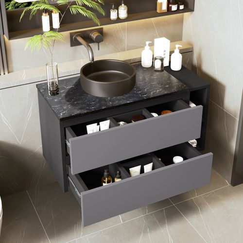 Meuble Lavabo Et Vasque Suspendu 80x44x48.5 Cm Avec 2 Tiroirs, Design Moderne, En Mdf, Noir Et Gris