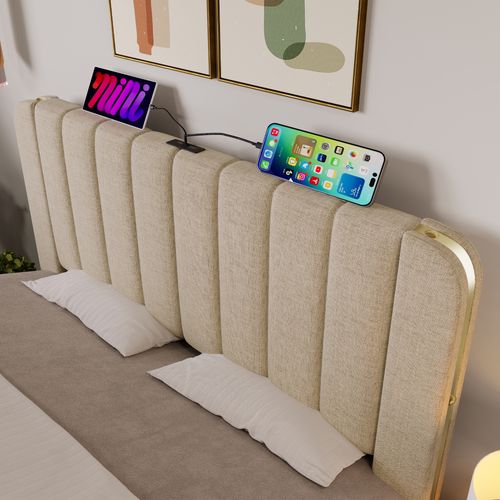 Lit Coffre Lit Adulte Double 140 X 200 Cm Avec Fonction De Chargement USB Type-c, Lin, Beige
