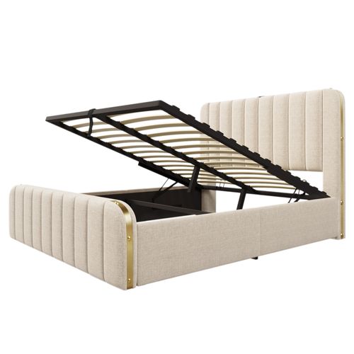 Lit Coffre Lit Adulte Double 140 X 200 Cm Avec Fonction De Chargement USB Type-c, Lin, Beige
