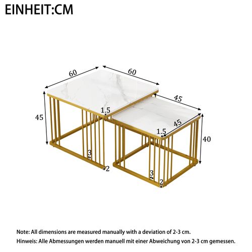 Lot de 2 Table Basse gigogne carré 60/45 Cm Effet Marbre Brillant plateaux MDF, pieds dorés, blanc