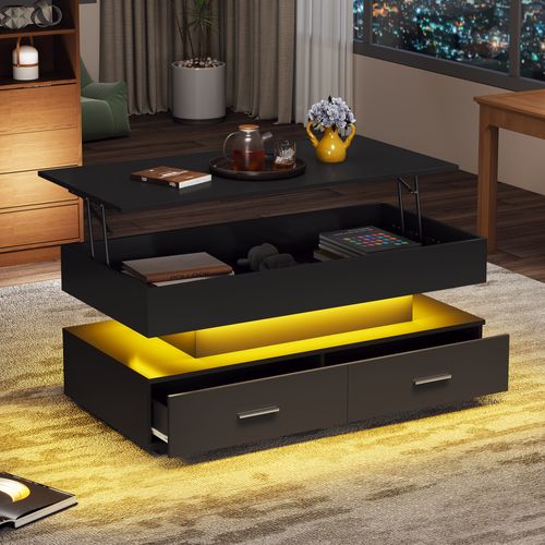 Table basse relevable 100 cm avec LED, 2 tiroirs et rangement ouvert, Panneaux De Particules, noir