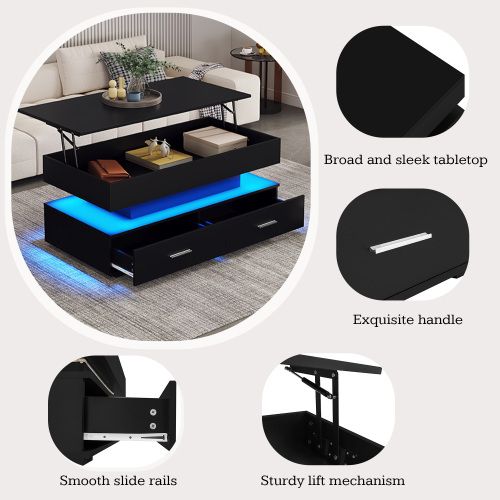 Table basse relevable 100 cm avec LED, 2 tiroirs et rangement ouvert, Panneaux De Particules, noir