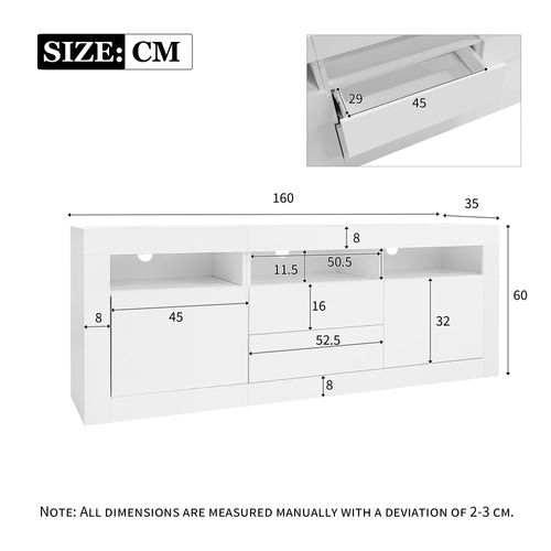 Meuble TV 160x35x60cm 2 Portes, 2 Tiroirs et 3 Niches, LED Panneaux De Particules Blanc
