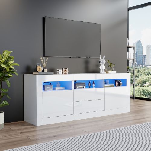 Meuble TV 160x35x60cm 2 Portes, 2 Tiroirs et 3 Niches, LED Panneaux De Particules Blanc