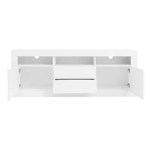 Meuble TV 160x35x60cm 2 Portes, 2 Tiroirs et 3 Niches, LED Panneaux De Particules Blanc