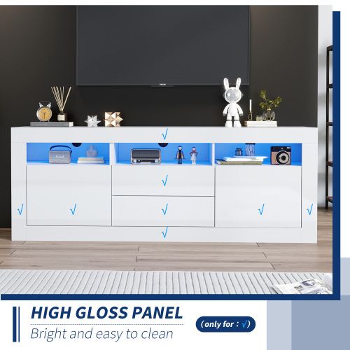 Meuble TV 160x35x60cm 2 Portes, 2 Tiroirs et 3 Niches, LED Panneaux De Particules Blanc