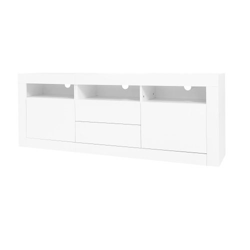 Meuble TV 160x35x60cm 2 Portes, 2 Tiroirs et 3 Niches, LED Panneaux De Particules Blanc