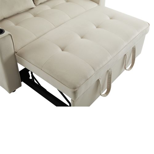 Canapé Convertible 2 Places Dossier 3 Positions Avec Porte-gobelets Et 2 Coussins, Velours, Beige