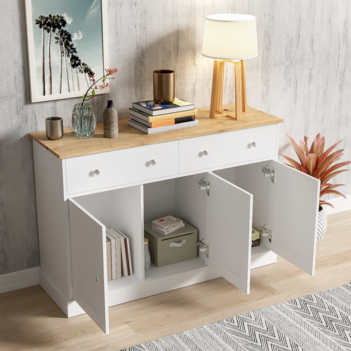 Buffet 120x36x80,5 Cm Avec 2 Tiroirs, 3 Portes, Espace De Rangement, Blanc Et Chêne