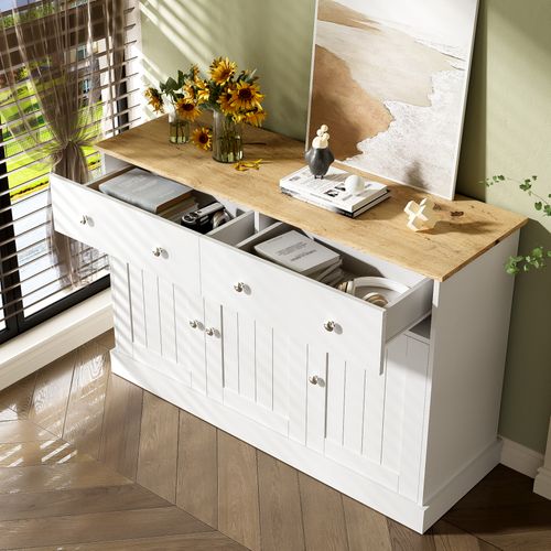 Buffet 120x36x80,5 Cm Avec 2 Tiroirs, 3 Portes, Espace De Rangement, Blanc Et Chêne