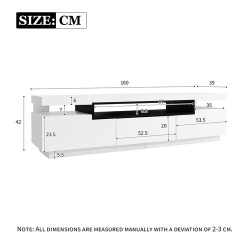Meuble TV Moderne 160x39x42cm, 3 Tiroirs, Avec LED 16 Couleurs, Pour TV 70", Blanc Brillant