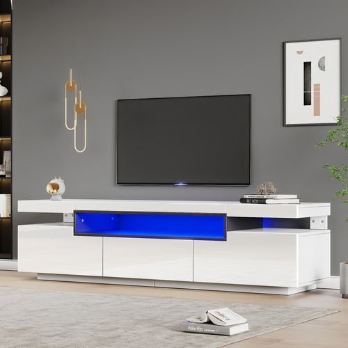 Meuble TV Moderne 160x39x42cm, 3 Tiroirs, Avec LED 16 Couleurs, Pour TV 70", Blanc Brillant
