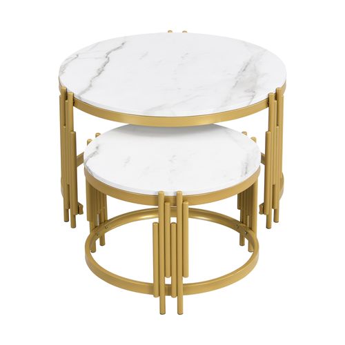 Table Basse 71,5x71,5x44/51,5x51,5x37cm,lot De 2, Finition Marbre,doré + Blanc