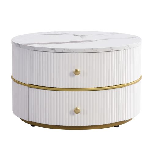Lot de 2 Table Basse gigogne rond 60/50 cm 2 Tiroirs effet Marbre Brillant MDF Blanc