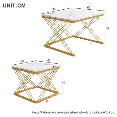 Lot De 2 Table Basse Gigogne Carré 60x60x45 Cm Et 45x45x40 Cm, Pieds Réglables En Hauteur, Blanc