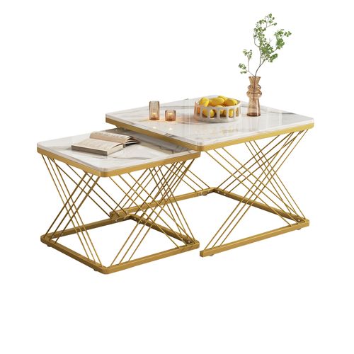 Lot De 2 Table Basse Gigogne Carré 60x60x45 Cm Et 45x45x40 Cm, Pieds Réglables En Hauteur, Blanc