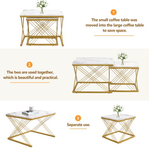 Lot De 2 Table Basse Gigogne Carré 60x60x45 Cm Et 45x45x40 Cm, Pieds Réglables En Hauteur, Blanc