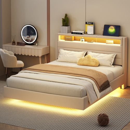 Lit Adulte 140x200 Cm Avec Prise USB Et Lumière LED, Tête De Lit De Rangement, Lin, Beige