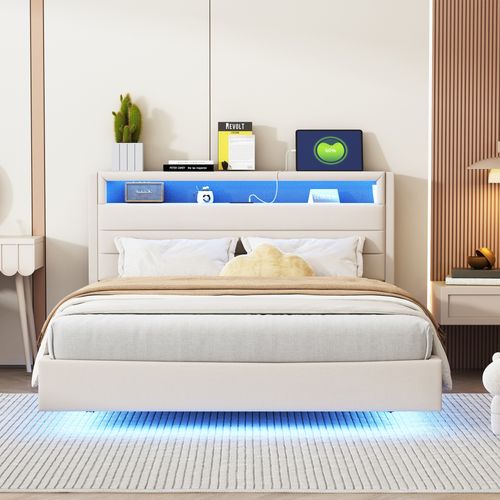 Lit Adulte 140x200 Cm Avec Prise USB Et Lumière LED, Tête De Lit De Rangement, Lin, Beige