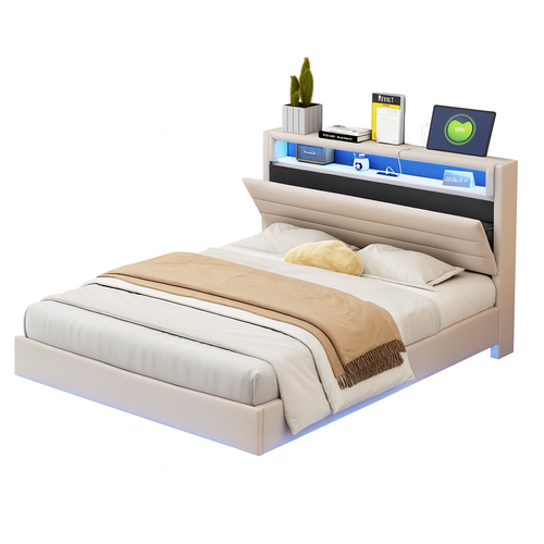 Lit Adulte 140x200 Cm Avec Prise USB Et Lumière LED, Tête De Lit De Rangement, Lin, Beige